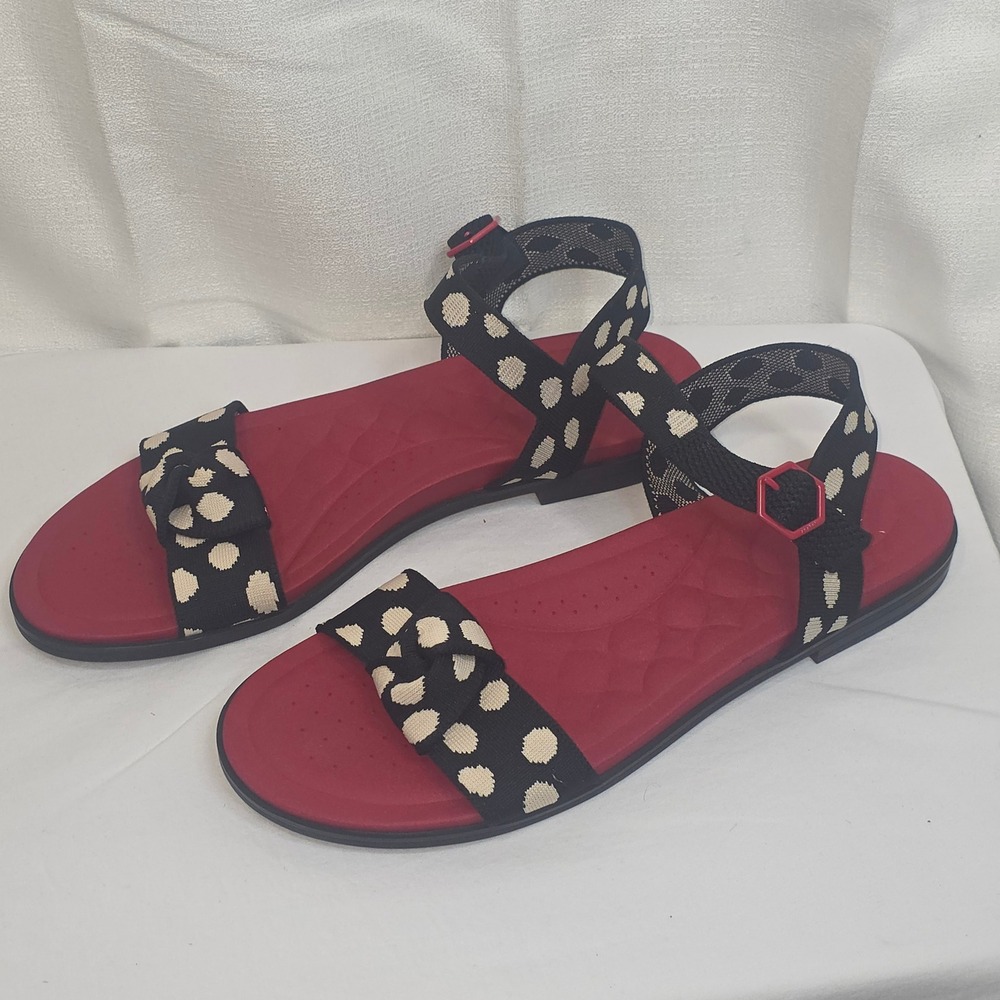 Vivaia Polka Dot Knit Flat Sandals Black Red Cream Size 43 RPET Strappy Buckle
